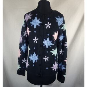 Talbots S Cardigan Sweater Dimensional Pastel Snowflakes On Black‎ Embroidery